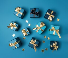 Gift boxes on the blue background with gold stars and ribbon, top view