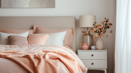 Fototapeta na wymiar bedroom with a peach cosy bed and peach nightstand with white walls and curtain 