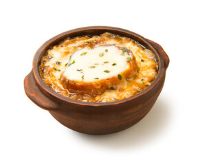 French onion soup in a brown ceramic bowl isolated on a white background. - 676108561