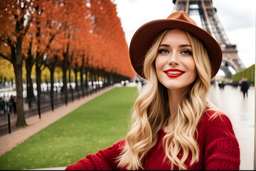 Holidays in Paris. Portrait of charming blonde girl in red sweater and hat visiting Paris, France....