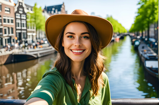 Happy tourist woman taking selfie picture in Amsterdam, Netherlands. Self portrait of cheerful traveler girl using smartphone.