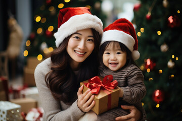 Fototapeta na wymiar Happy smiling Asian single parent family woman and daughter in red Santa's Christmas hats and t-shirt hugging each other celebrating on the ocean sea beach. Christmas Xmas holidays concept