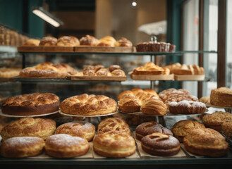 Bakery store showcase, different kinds of delicious fresh breads, cakes, buns and pastries in a baker shop cafe