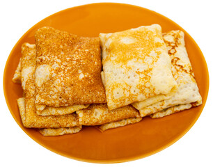 Traditional Hungarian palacsinta, paper-thin folded pancakes with minced meat filling. Popular savory appetizer. Isolated over white background.