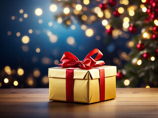 A Christmas gift wrapped in a beautiful wrap and tied with a shiny red bow