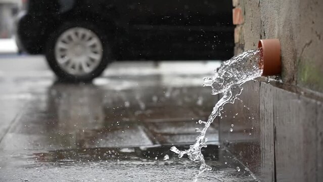 Water comes out of the gutter in the wall