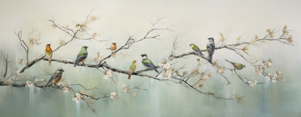 Paintings of birds on the branch of cherry blossoms. - obrazy, fototapety, plakaty
