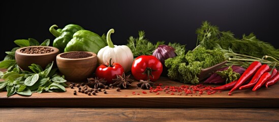 The background of the wooden cutting board added a rustic texture to the colorful array of ingredients including green herbs black pepper seeds and vibrant red paprika enhancing the flavorfu