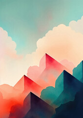 Watercolour washes create a vivid surreal geometric inspired landscape - graphic design element perfect backdrop for a design or card or poster project.