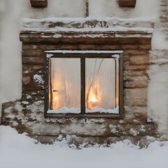 window with burning candle in the fireplace