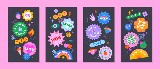 Vector insta story templates with patches and stickers in 90s style.Smm banners in y2k aesthetic with chess backgrounds.Funky designs for social media marketing,branding,packaging