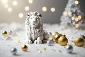 Realistic 3d decorative toy figurine of a little cute gold lion in Christmas decorations. Christmas winter holiday composition. Generative AI.