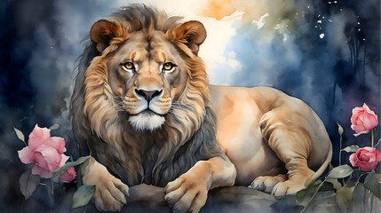 Watercolor wash of a majestic male lion, captured in soft and vivid strokes.
