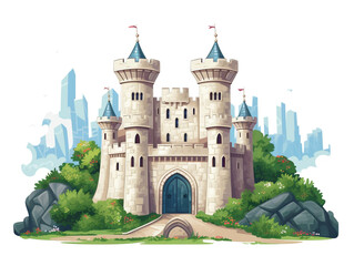 The beautiful ancient castle based on children's illustrations. Surrounded by nature. Isolated on white background. - obrazy, fototapety, plakaty