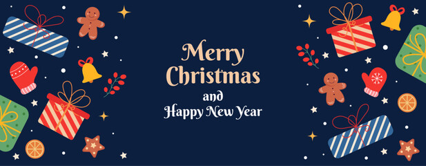 Holiday greeting card, banner, background. Merry Christmas and Happy New Year colorful vector illustration with gifts, cookies, mittens, and other holiday elements.