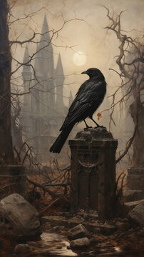 Gothic painting of a black raven on a stone post with a castle in the background