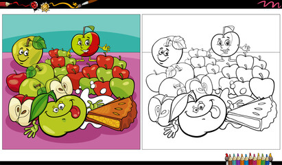 cartoon green and red apples and apple pie coloring page