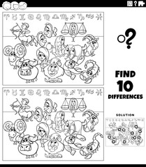 differences games with cartoon zodiac signs coloring page