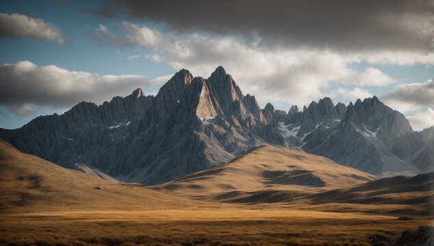 Dramatic and rugged granite mountain range, with jagged peaks reaching for the sky - AI Generative