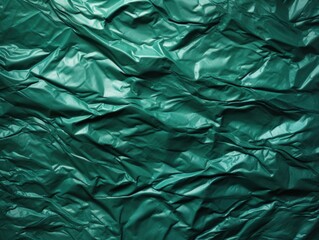 Crumpled plastic texture. Background, wrinkled plastic trash bag closeup. Green color.