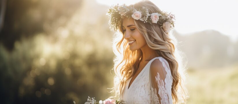 The beautiful bride adorned herself with a delicate flower crown reflecting her femininity and enhancing her natural beauty while exuding happiness on her special day