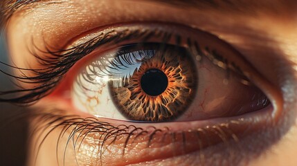 Close up detail of a brown eye with reflection. - obrazy, fototapety, plakaty