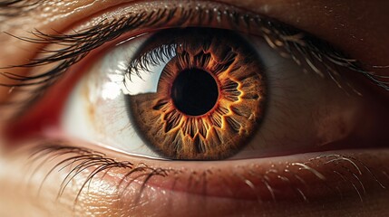 Big and Close up of a brown eye with reflection. - obrazy, fototapety, plakaty