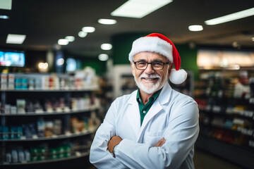 Health care celebrating New Year holiday concept. Friendly senior male professional pharmacist red Christmas Santa hat standing in pharmacy shop or drugstore with medicines shelf - obrazy, fototapety, plakaty