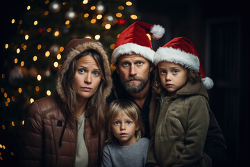 Fototapeta na wymiar Sad unhappy family with kids portrait spend ruined New Year Eve alone lonely feeling loneliness melancholic depressed. at home. Waiting for holiday. Don't like celebrating Christmas. 