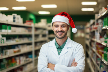 Smiling adult male professional pharmacist red Christmas Santa hat standing in pharmacy shop or drugstore with medicines shelf. Health care celebrating New Year holiday concept - obrazy, fototapety, plakaty