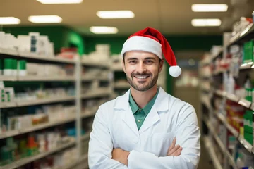 Tuinposter Smiling adult male professional pharmacist red Christmas Santa hat standing in pharmacy shop or drugstore with medicines shelf. Health care celebrating New Year holiday concept © Valeriia