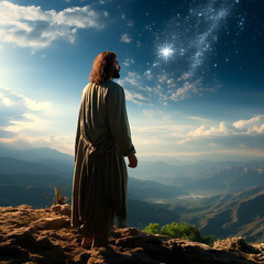 The man on the mountain looking up at the star dressed in simple clothes reminiscent of the heroes who lived during the time of Jesus Christ