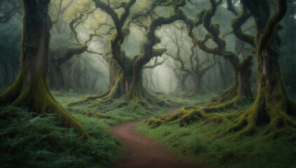 Enchanting and mystical fairy-tale forest, with twisted trees and hidden clearings - AI Generative