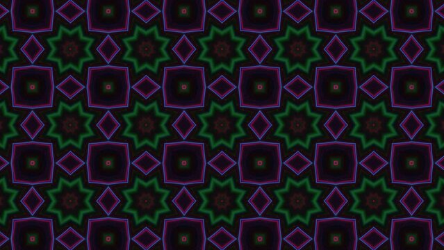 Abstract background emanating impulses, sparkling and blinking rapidly. Geometrical particles in symmetrical rows changing shapes, colours, spreading, forming ornamental patterns. 4K UHD 4096x2304