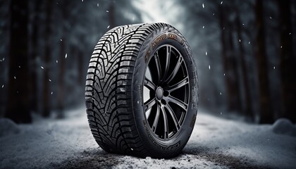 Close up of car tires in winter on snowy road covered with snowWinter tire traction concept.