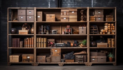 Industrial warehouse storage with neatly arranged shelves and a variety of cardboard boxes