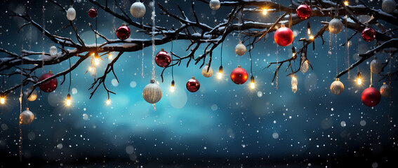 Twinkling Festive Elegance: Christmas Tree with Glistening Baubles and Soft Shiny Lights Background