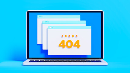 silver laptop with 404 error messages, blue scenario, connection and operation problems