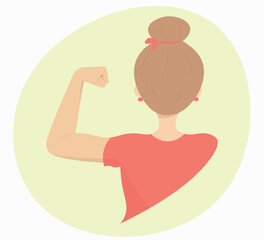 flat female character with raised fist seen from back, vector design with feminist theme