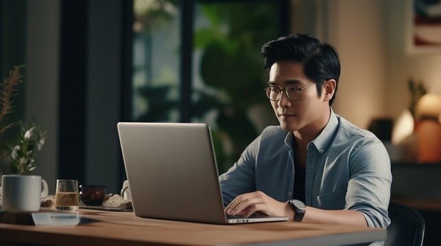 Asian man wearing glasses siting working on his laptop in wooden table, businessman using laptop, student in collage.