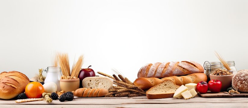 The background of the photo is a white isolated space with a wooden table adorned with a black menu showcasing a variety of healthy breakfast options including whole wheat bread and cheese