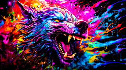 Painting of wolf's head with colorful paint splattered on it.