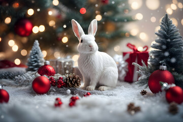 Realistic 3d decorative little cute rabbit in Christmas decorations. Christmas winter holiday composition. Generative AI.