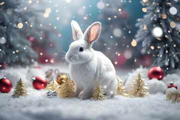 Realistic 3d decorative little cute rabbit in Christmas decorations. Christmas winter holiday composition. Generative AI.