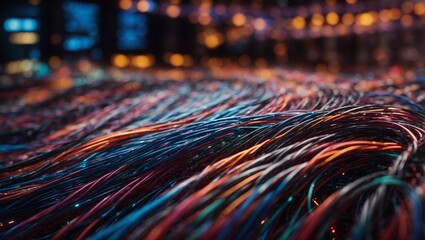 Colorful glowing strand of super conductors and optical cables background. Science and technology concept. Human civilization advance idea. Copy space. - obrazy, fototapety, plakaty
