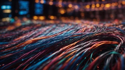 Foto op Canvas Colorful glowing strand of super conductors and optical cables background. Science and technology concept. Human civilization advance idea. Copy space. © Milutinovic