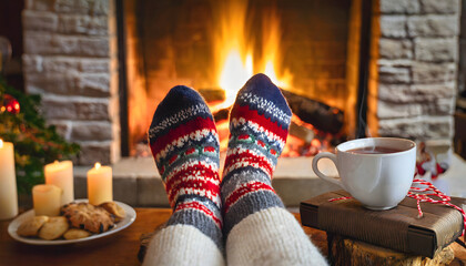 Feet in wool socks by the Christmas fireplace - Woman relaxes by warm fire with candles with a cup of hot chocolate - cozy xmas winter night  - obrazy, fototapety, plakaty