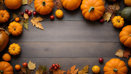 Naklejka na ściany i meble Minimal flat lay thanksgiving background with pumpkins, fallen leaves and berries. Abstract seasonal and holiday concept. Culture concept. With copy space.