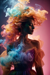 Portrait of high fashion model girl with beautiful hairstyle and make up in colorful bright smoke lights posing in studio