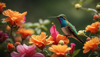 Fototapeta premium Exquisite and delicate hummingbird feeding from a vibrant flower - AI Generative